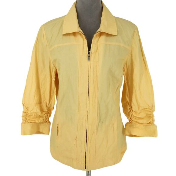 Chicos Jacket 2 Womens Large 12 Yellow Full Zip Ruched Sleeves Crinkle Fabric - Picture 1 of 16